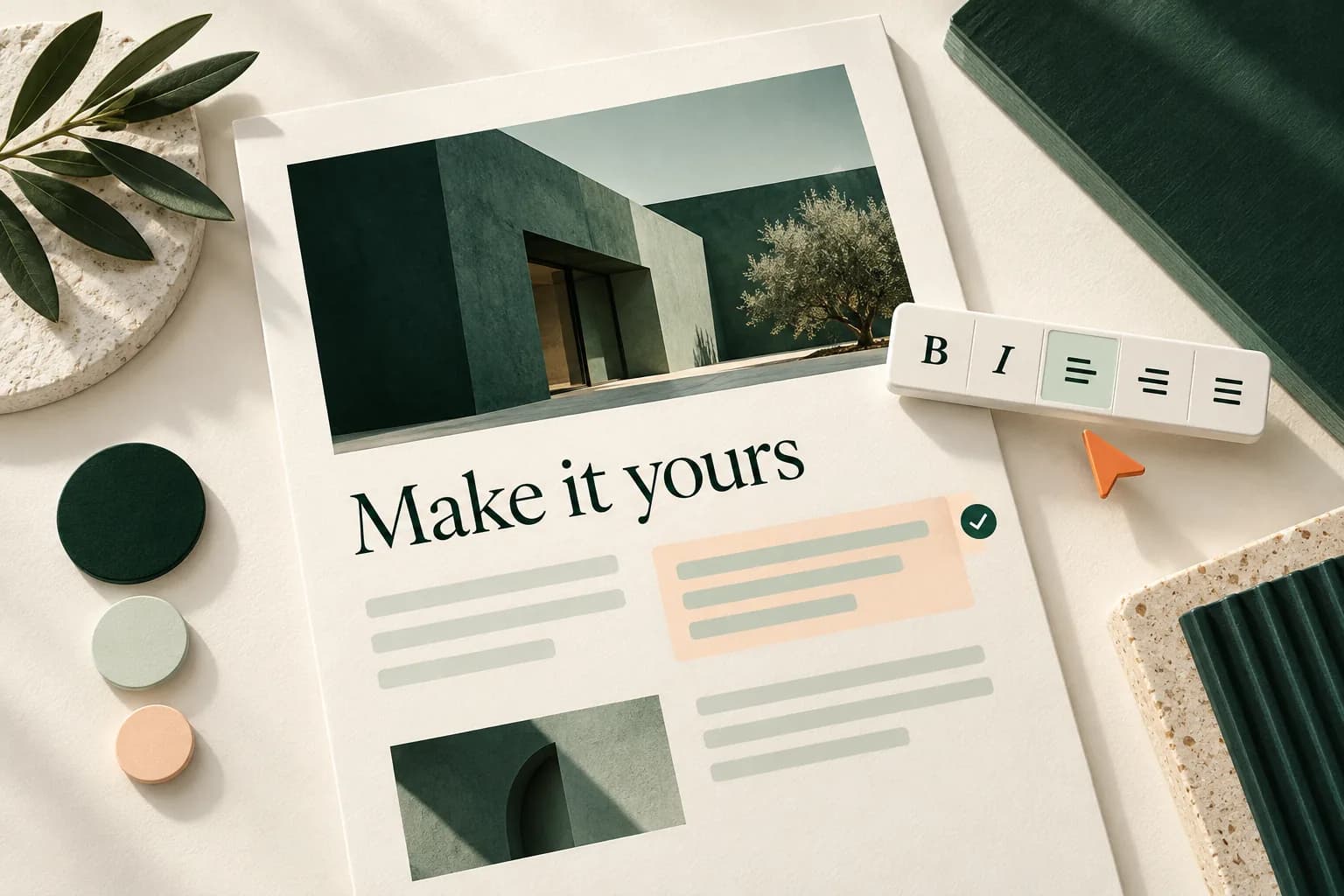 A branded proposal arranged in a visual editor