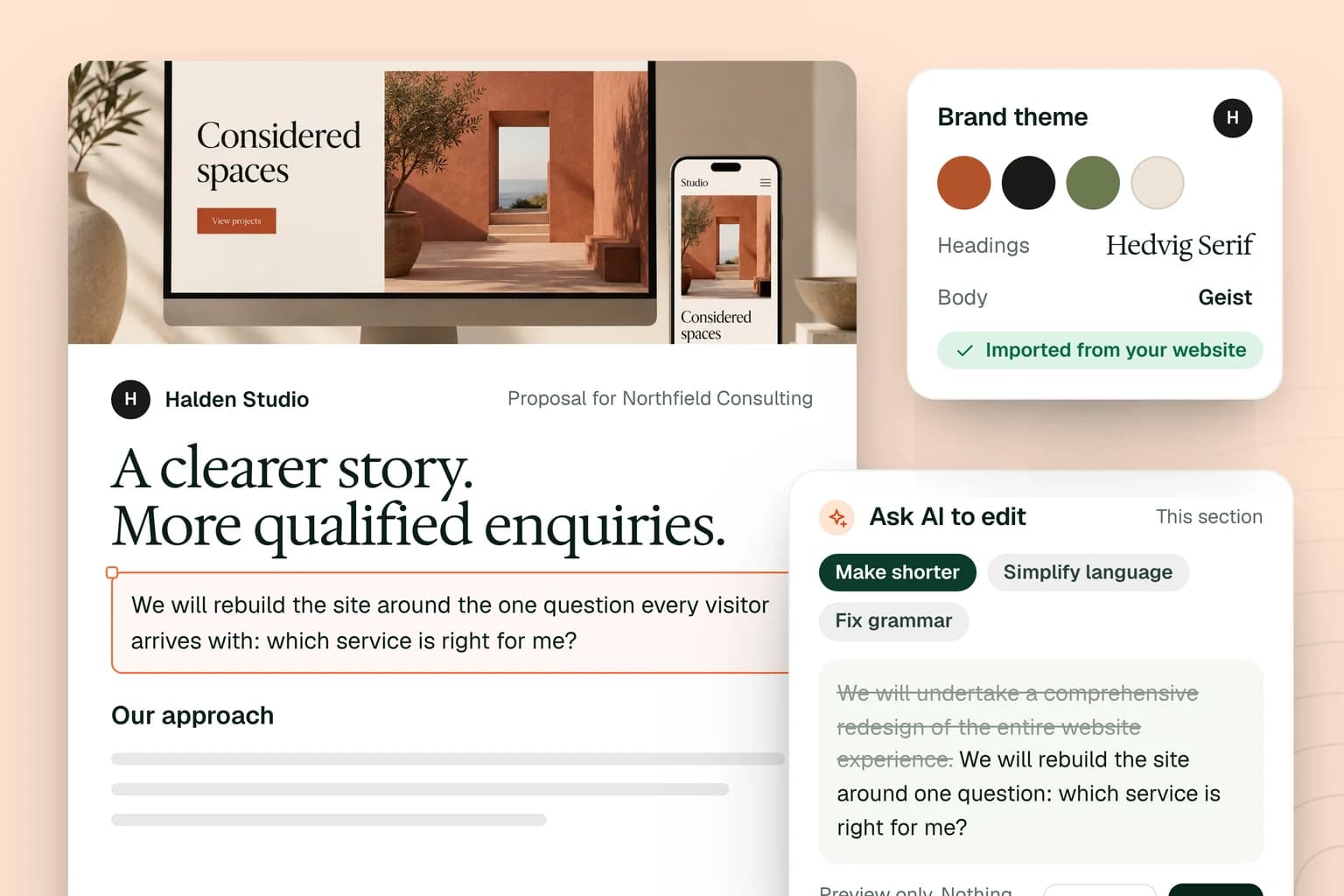Illustrative branded proposal with an AI edit preview and a brand theme panel