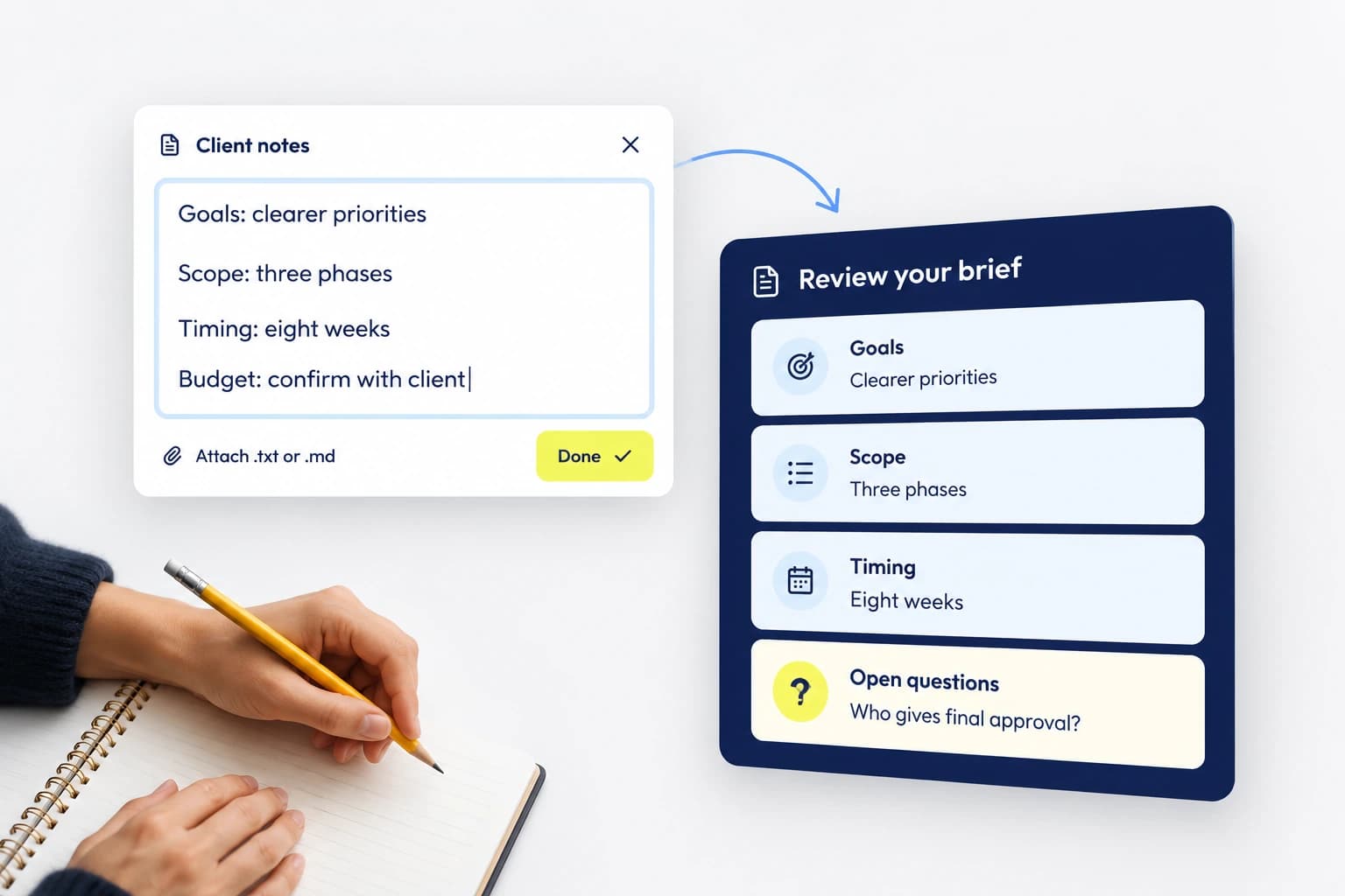 Branded illustration of client notes and a reviewed proposal brief
