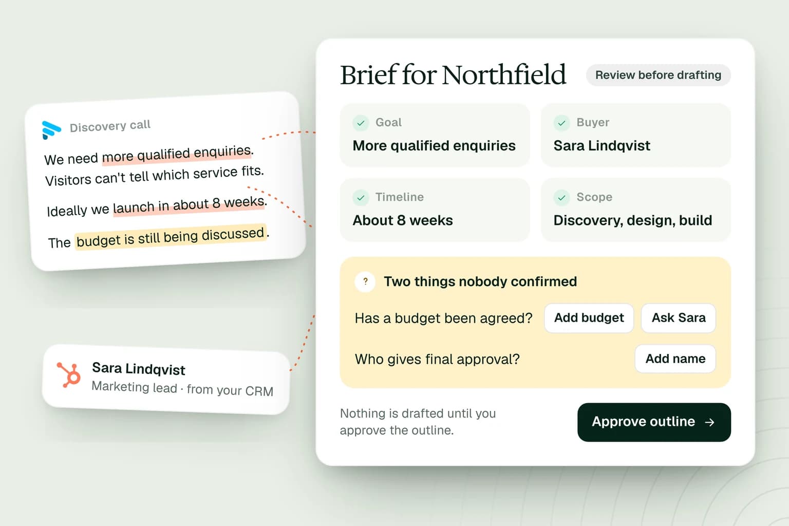 Illustrative brief with confirmed client facts and two open questions about budget and approval