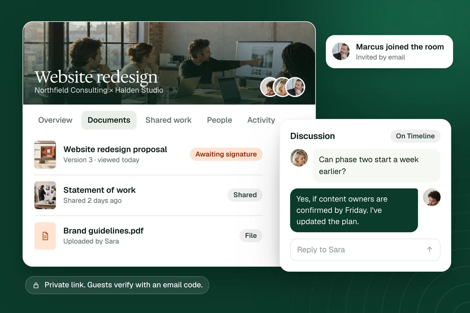 Illustrative client space with shared documents and a discussion thread