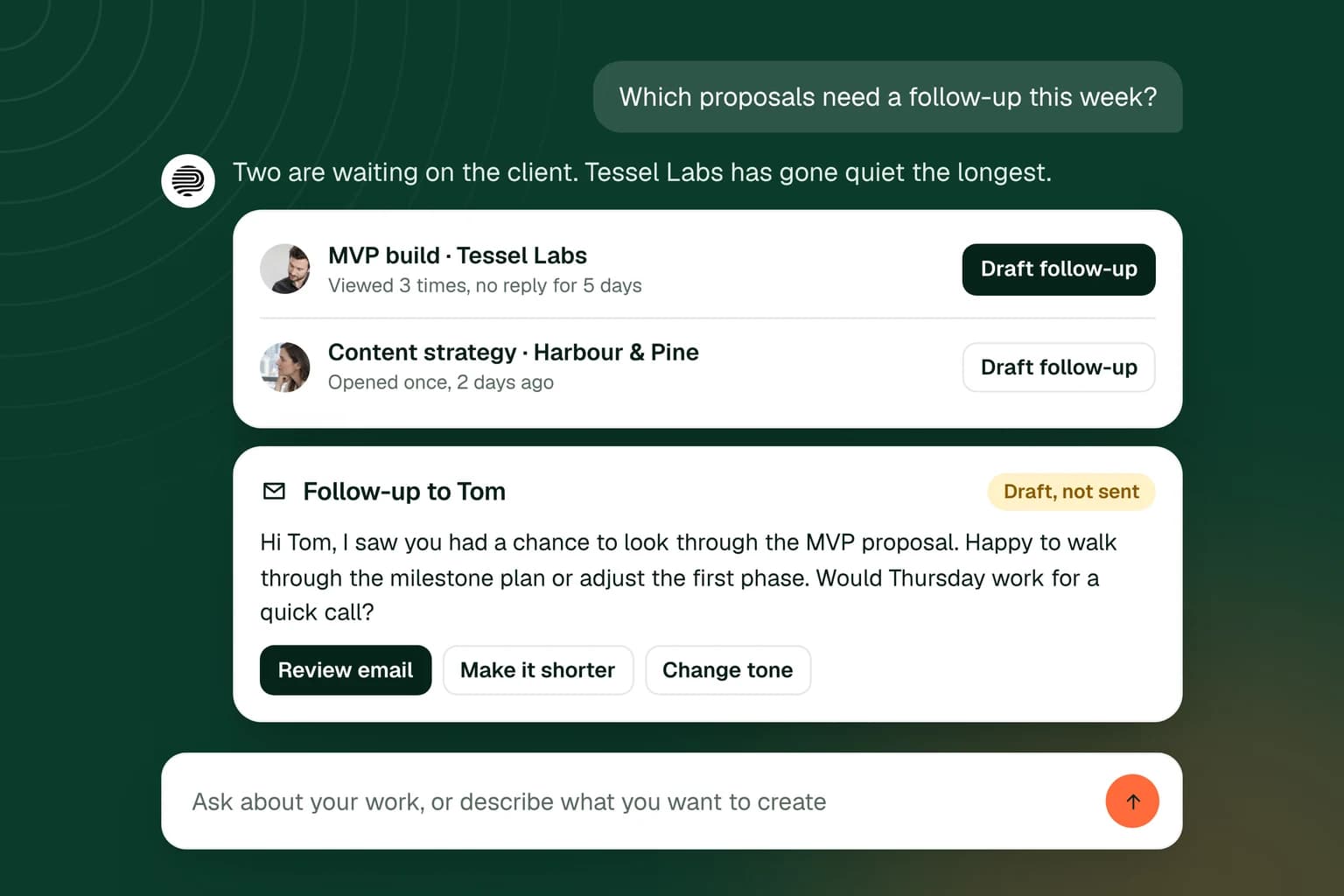 Illustrative assistant listing proposals that need a follow-up with a drafted email marked not sent