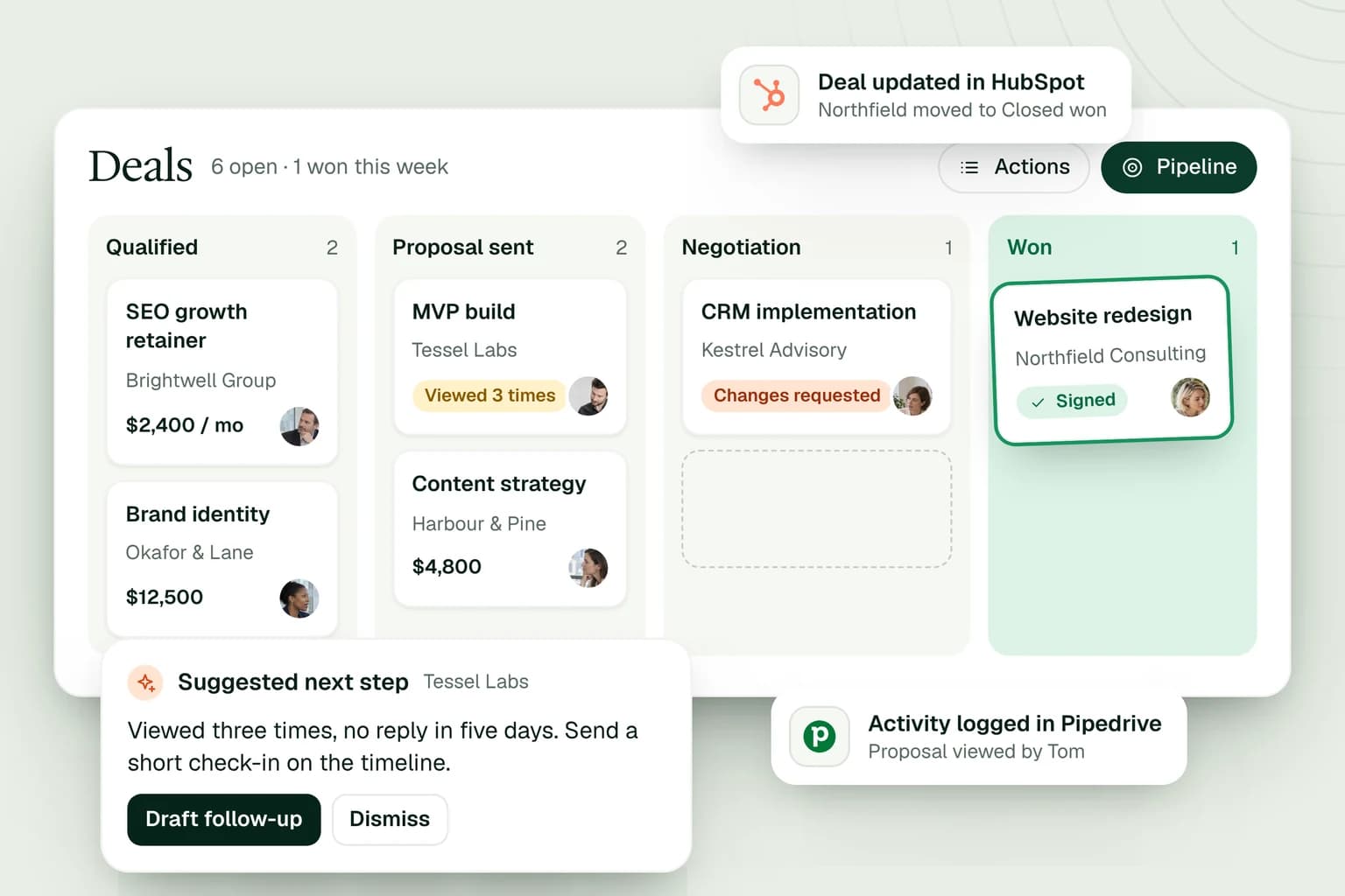 Illustrative deals pipeline where a signed deal moves to Won and updates the CRM