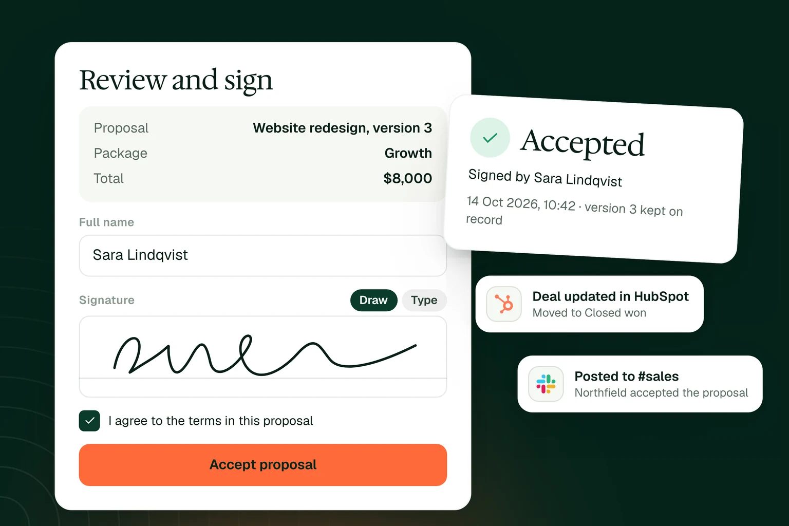 Illustrative review and sign panel with a drawn signature, followed by an accepted confirmation