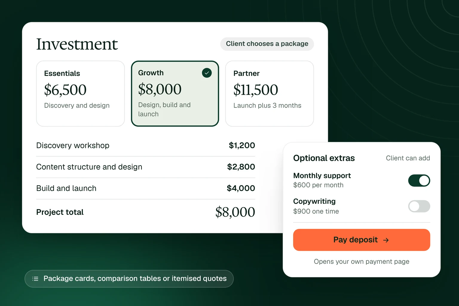 Illustrative proposal packages, line items and optional extras with a payment link