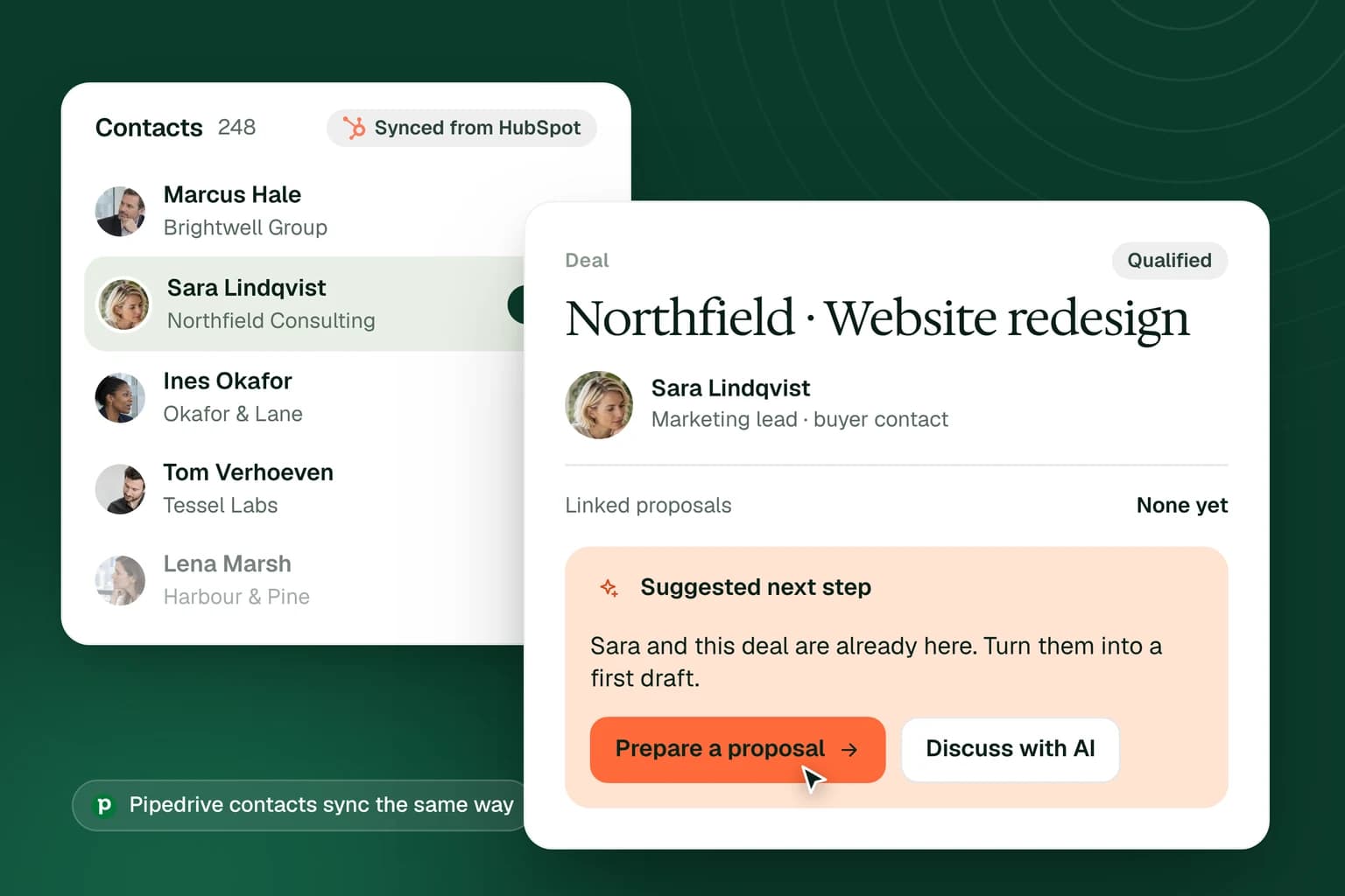 Illustrative contact list synced from a CRM beside a deal with a Prepare a proposal action