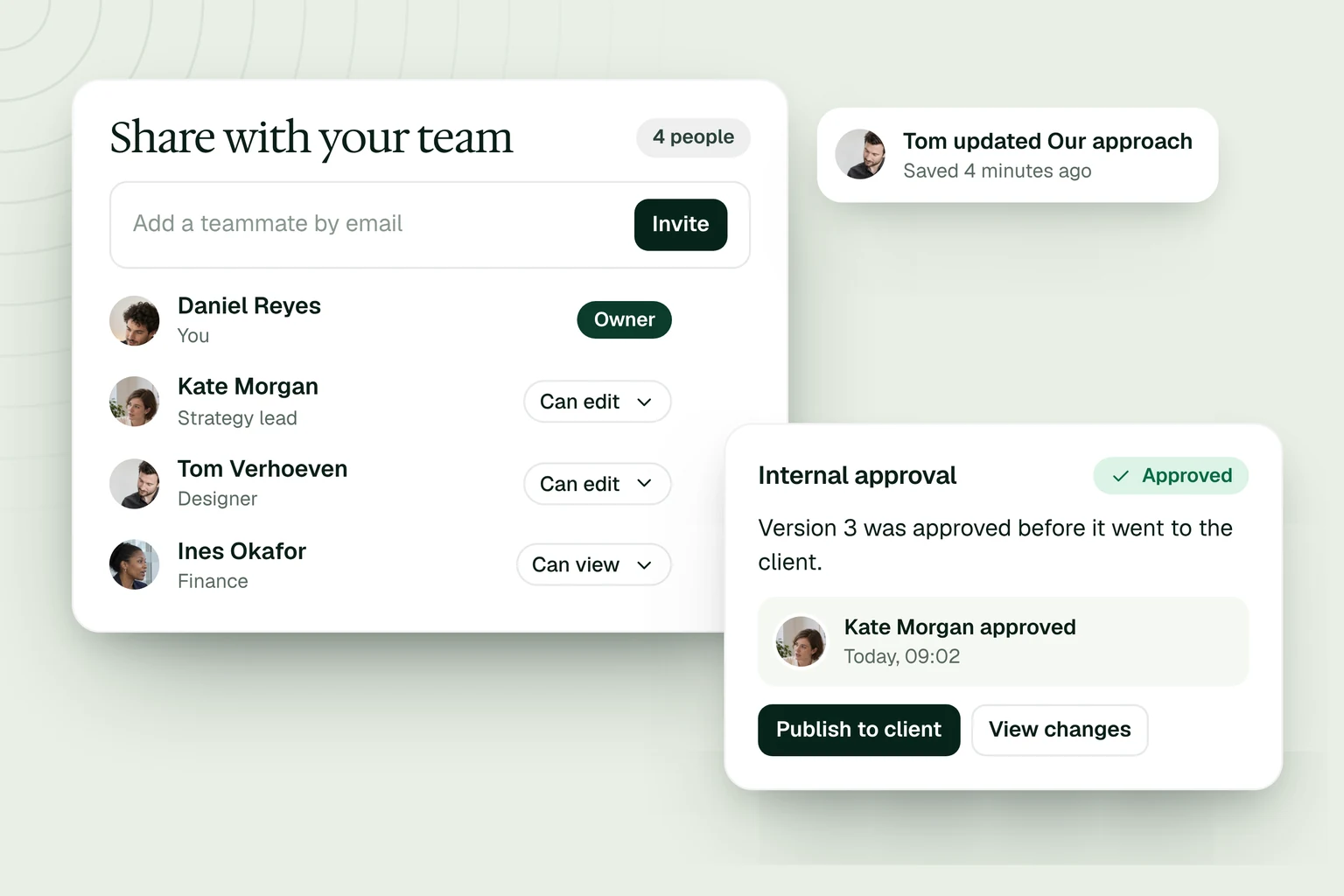 Illustrative share panel with four teammates, edit and view permissions, and an internal approval before the proposal goes to the client