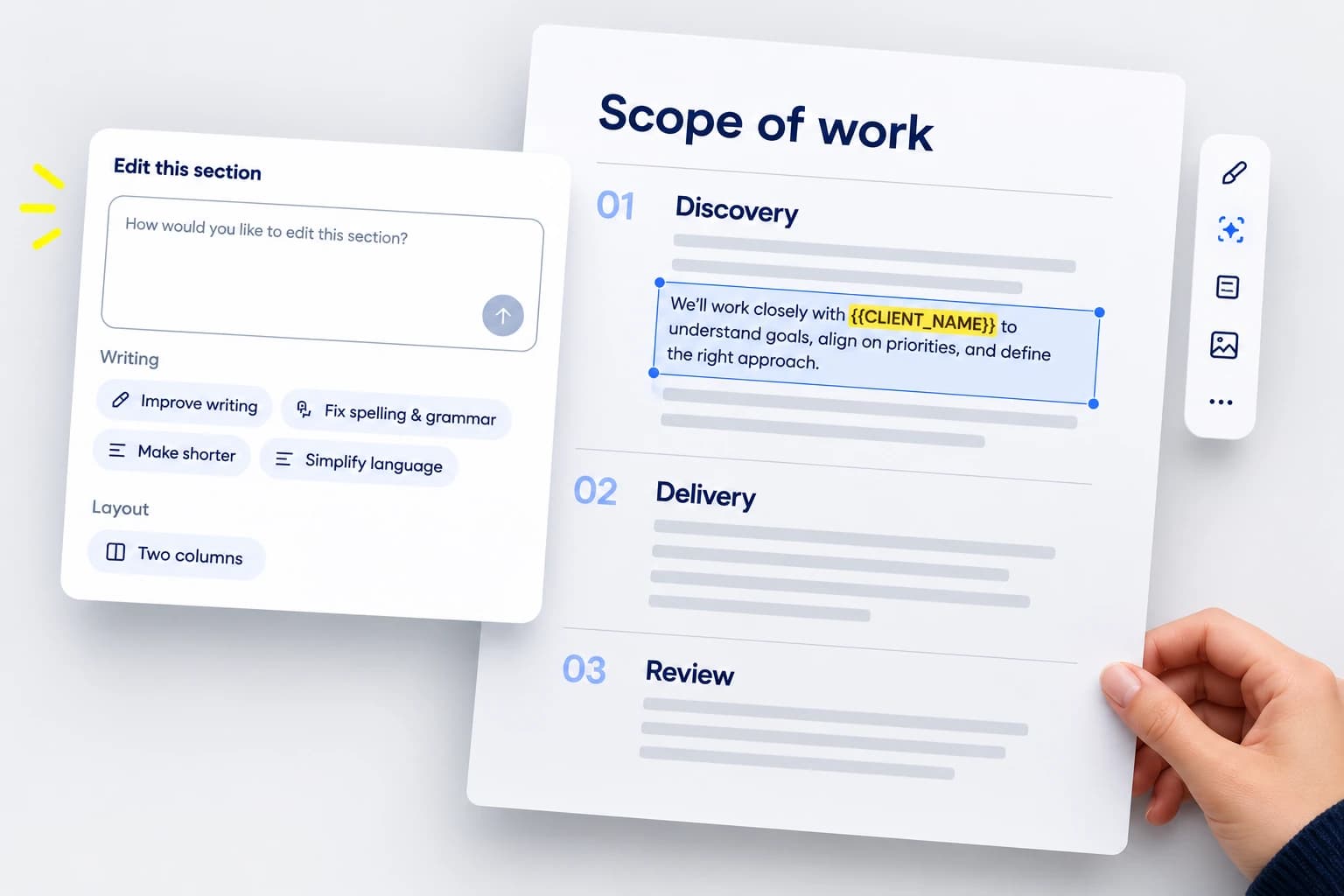 Branded AI editing detail with an illustrative proposal section
