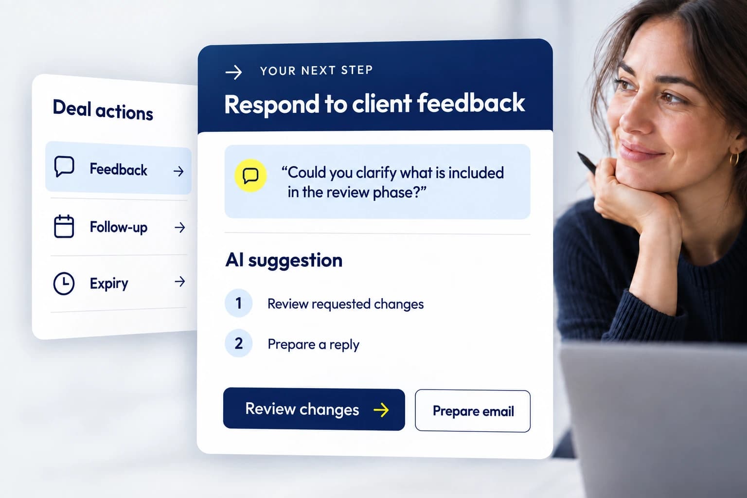 Branded proposal copilot detail with an illustrative next action