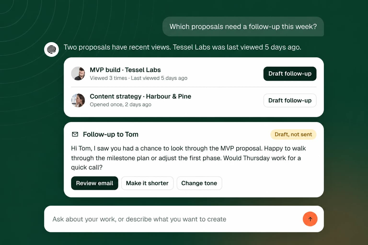 Copilot: proposal activity and a drafted follow-up ready to review