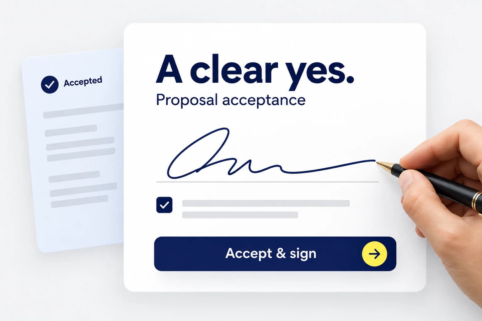 Illustrative proposal acceptance with a handwritten signature, consent checkbox and acceptance action