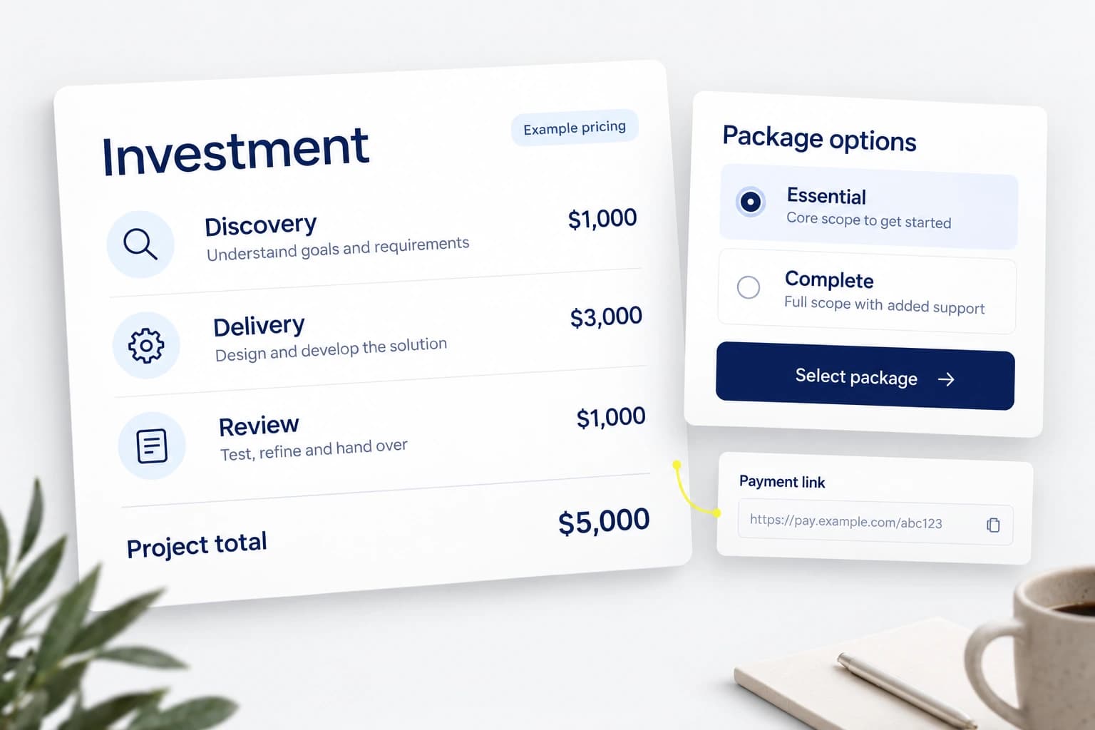 Branded illustration of fictional proposal packages and a clear investment summary