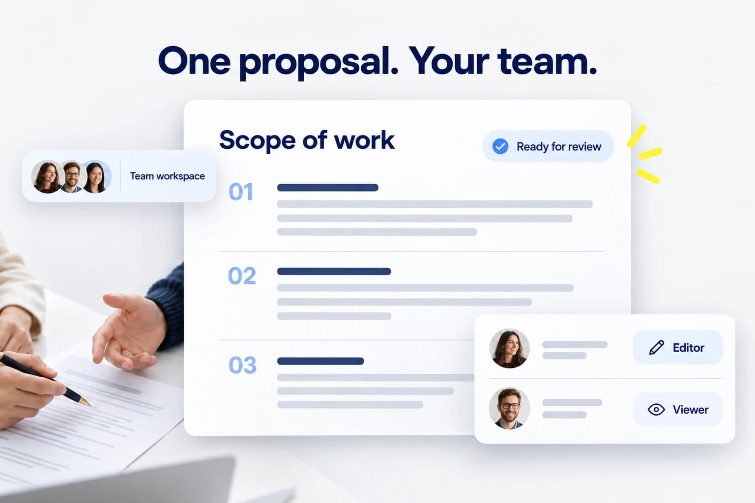 Illustrative shared proposal editor with team avatars and viewing and editing access