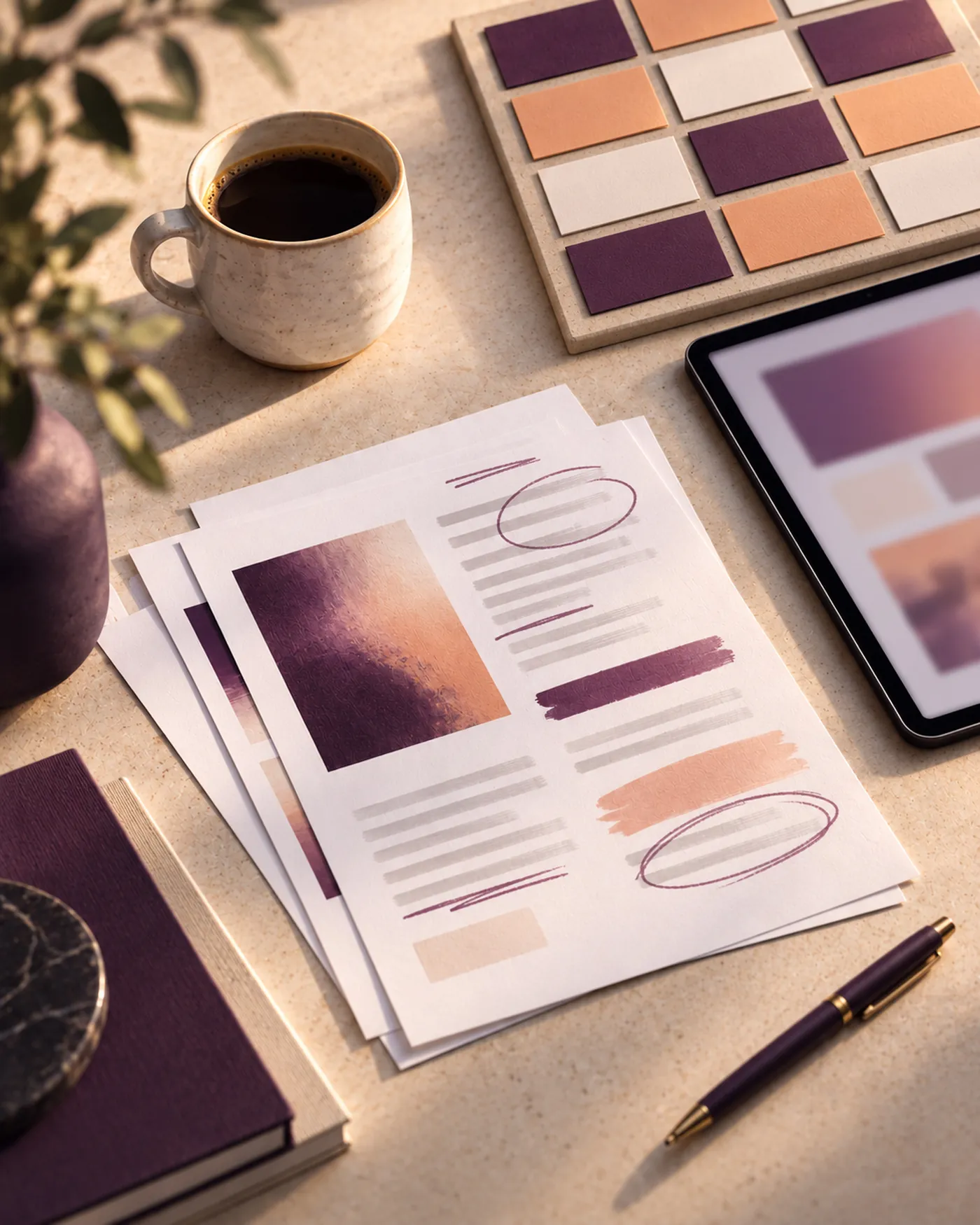 Printed article drafts, a planning board and a tablet on a desk