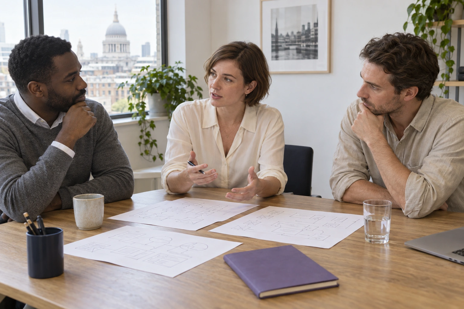 Illustrative consultants discussing workflow opportunities in a naturally lit studio