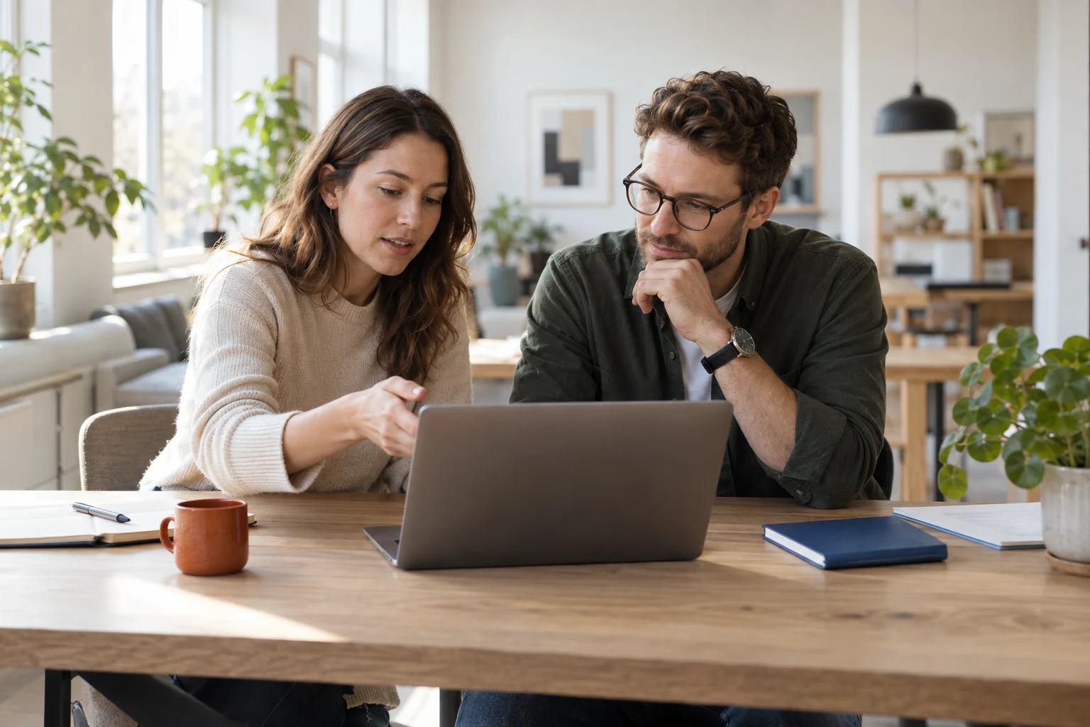 Illustrative implementation specialists configuring a workspace together