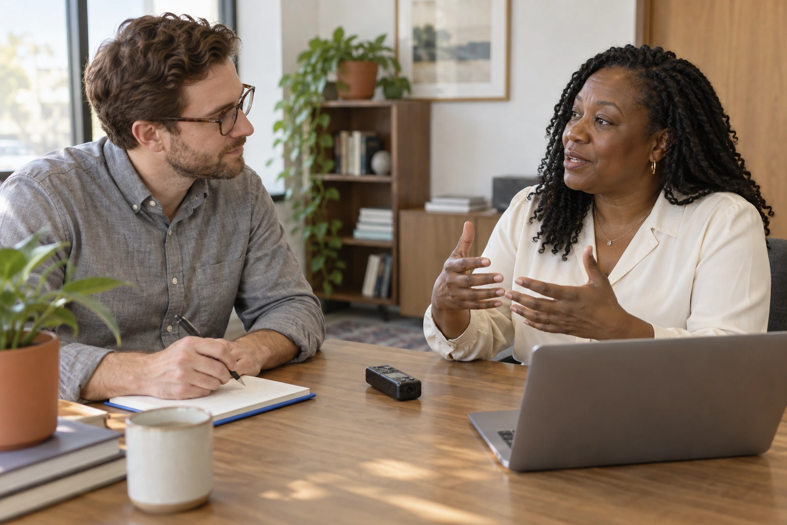 Illustrative content strategist interviewing a subject expert