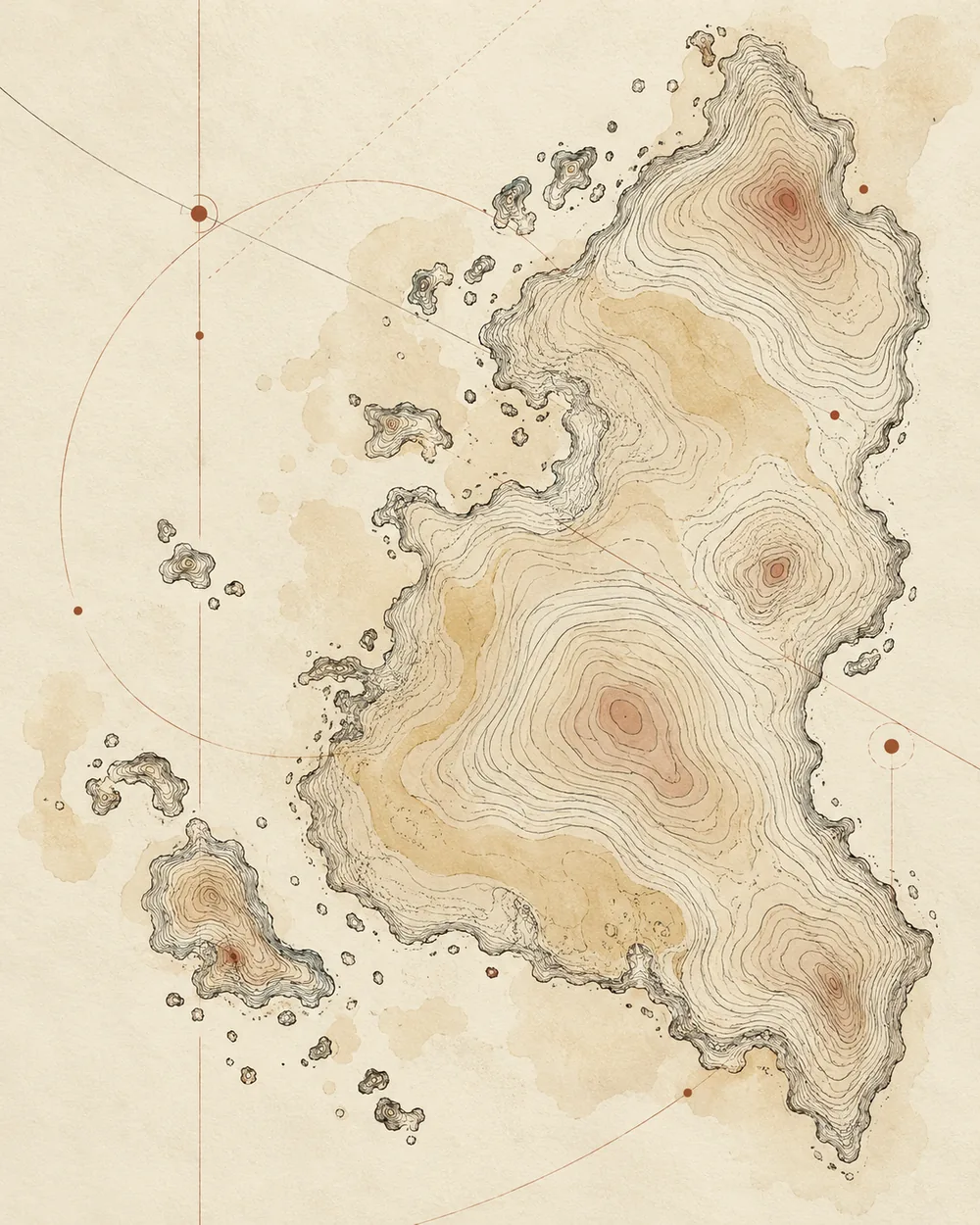 Decorative topographic atlas artwork in black ink and survey red on archival paper; not a real geography or assessment result